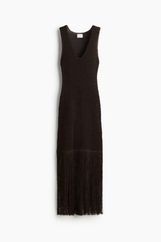 H & M - Gebreide jurk met franje - Donkerbruin