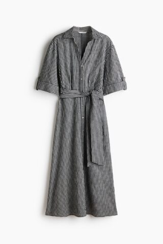 H & M - Jurk met strikceintuur - Zwart/Gingham-Ruit
