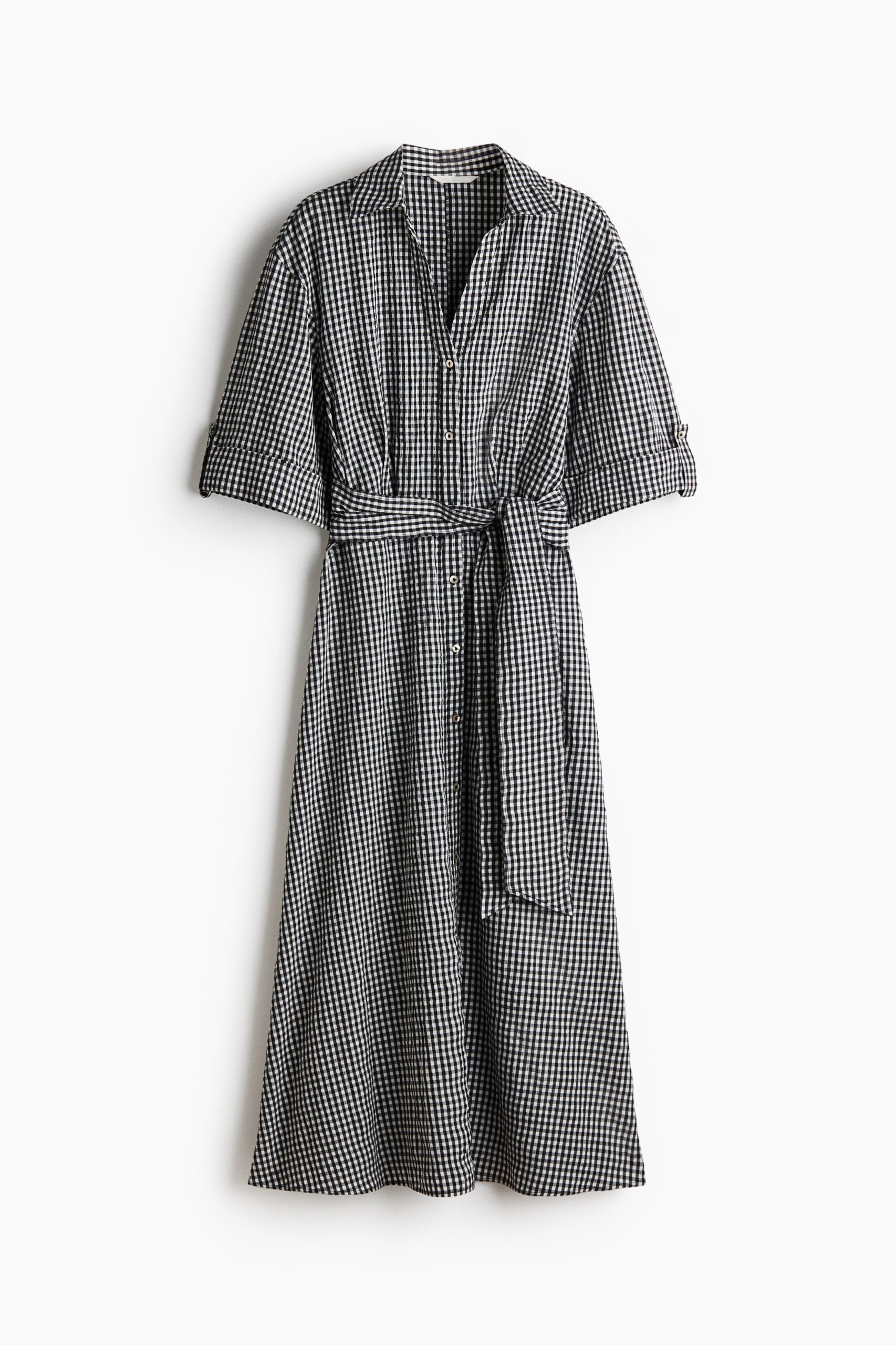 H & M - Jurk met strikceintuur - Zwart/Gingham-Ruit