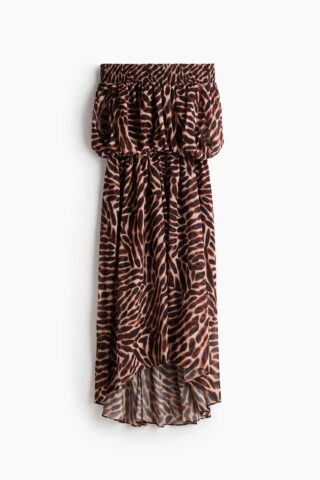 H & M - Off-the-shoulderjurk van chiffon - Donkerbruin/Dessin