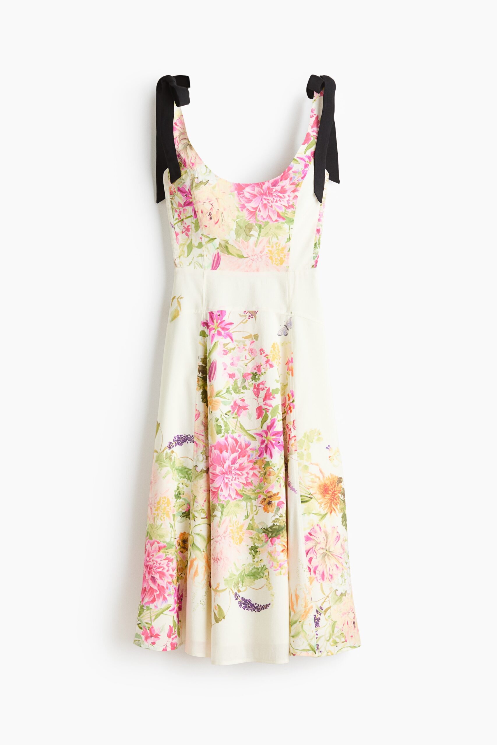 H & M - Jurk met uitlopende rok en strikbanden - Wit/Bloemen