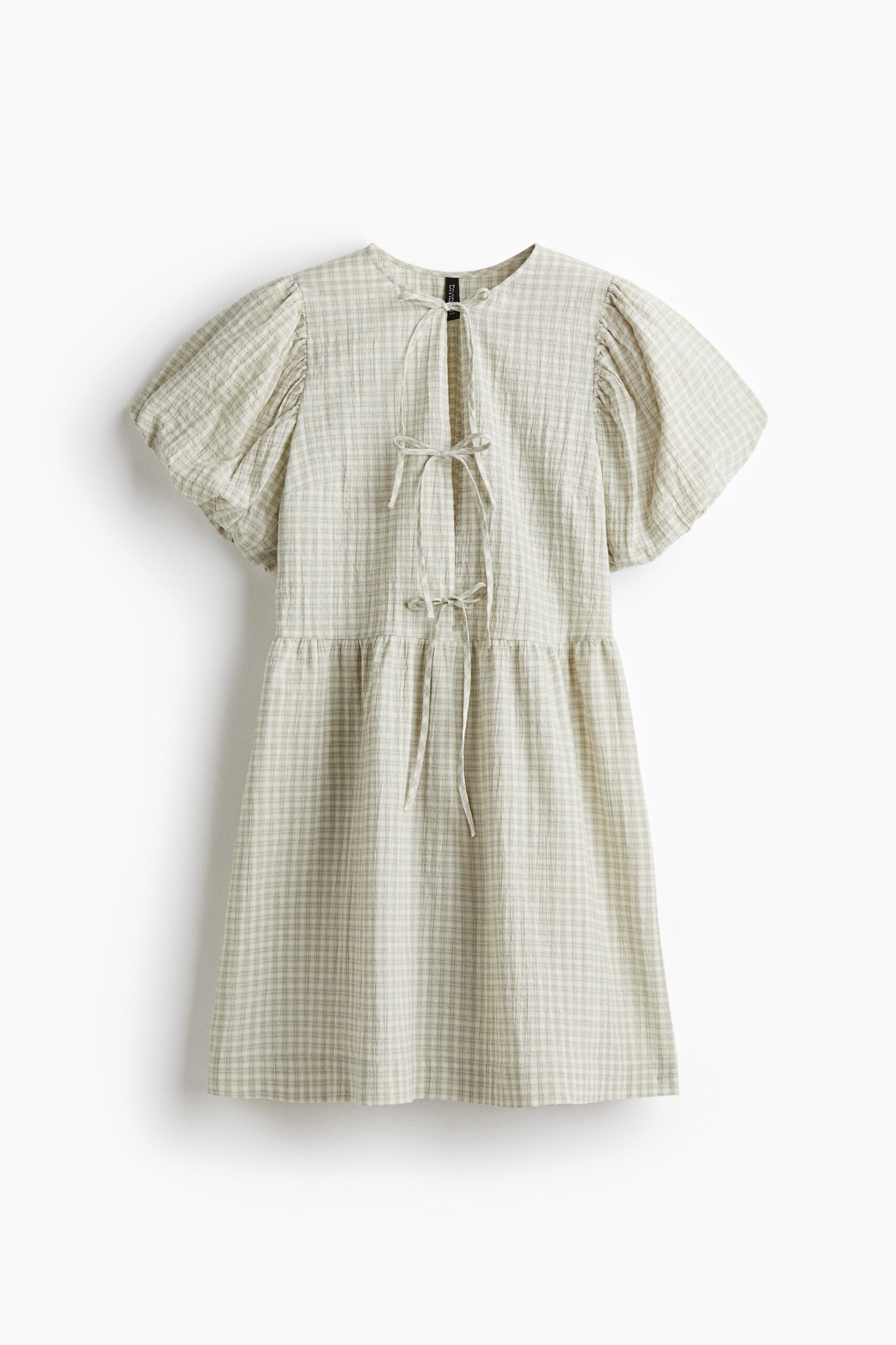 H & M - Katoenen jurk met strikbandjes - Licht Kakigroen/Geruit