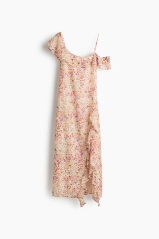 H & M - Asymmetrische cold-shoulderjurk - Lichtbeige/Bloemen