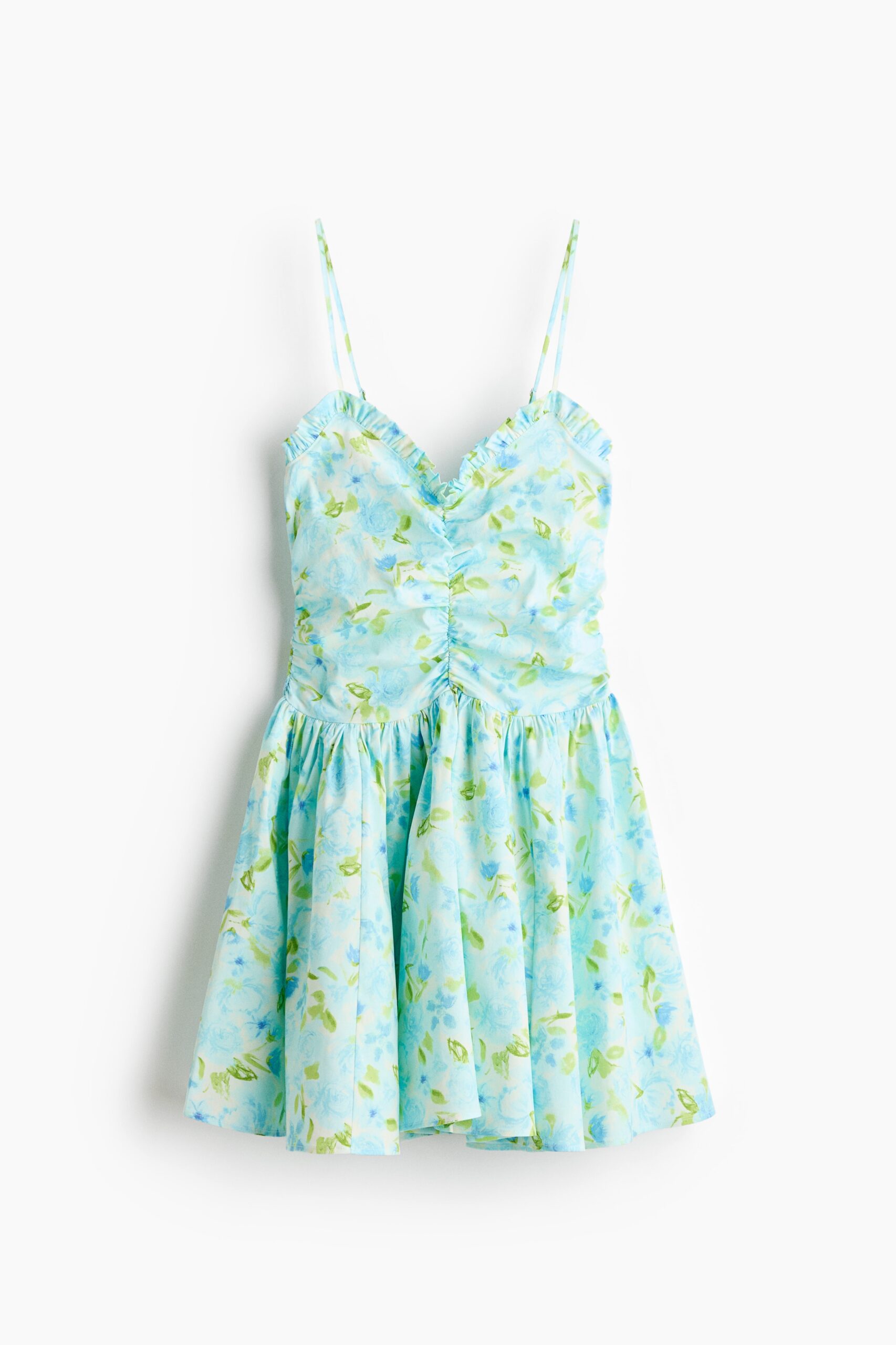 H & M - Ingerimpelde katoenen jurk - Lichtturkoois/Bloemen