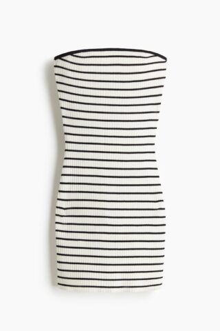 H & M - Ribgebreide bandeaujurk - Wit/Gestreept
