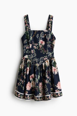 H & M - Jurk met uitlopende rok - Marineblauw/Bloemen
