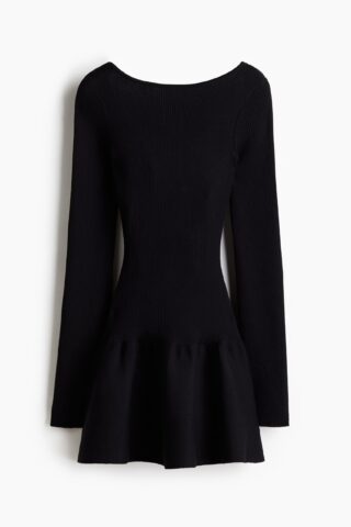 H & M - Geribde jurk met uitlopende rok - Zwart
