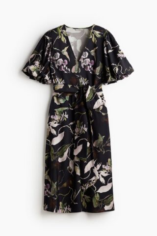 H & M - Jurk met strikceintuur - Zwart/Dessin