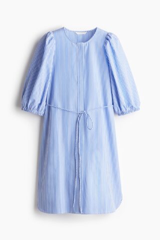 H & M - Jurk met pofmouwen - Blauw/Gestreept