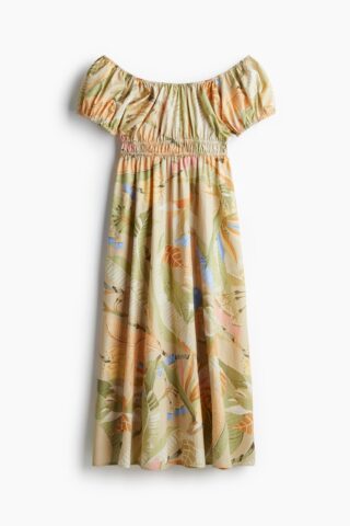 H & M - Popeline off-the-shoulderjurk - Beige/Bloemen
