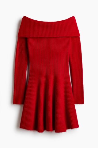 H & M - Ribgebreide off-the-shoulderjurk - Rood