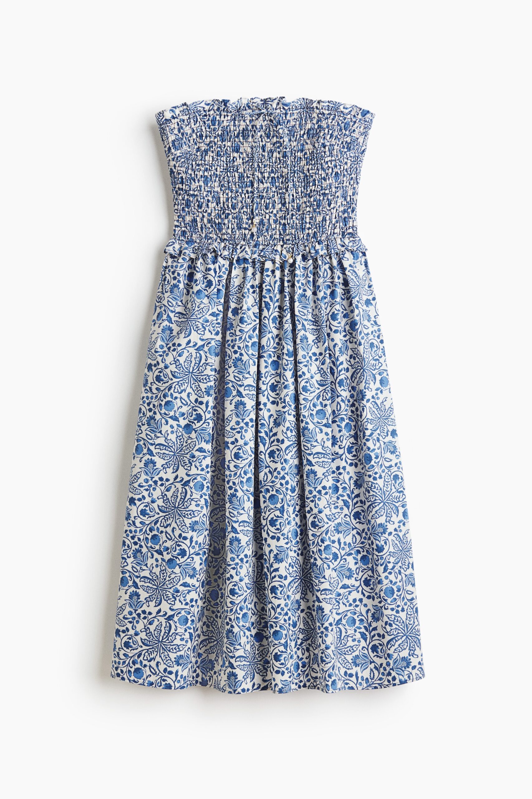 H & M - Bandeaujurk met gesmokt lijfje - Blauw/Bloemen