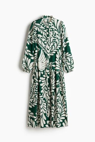 H & M - Maxi-jurk met pofmouwen - Donkergroen/Dessin