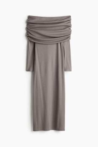 H & M - Off-the-shoulderjurk met omslag - Grijs