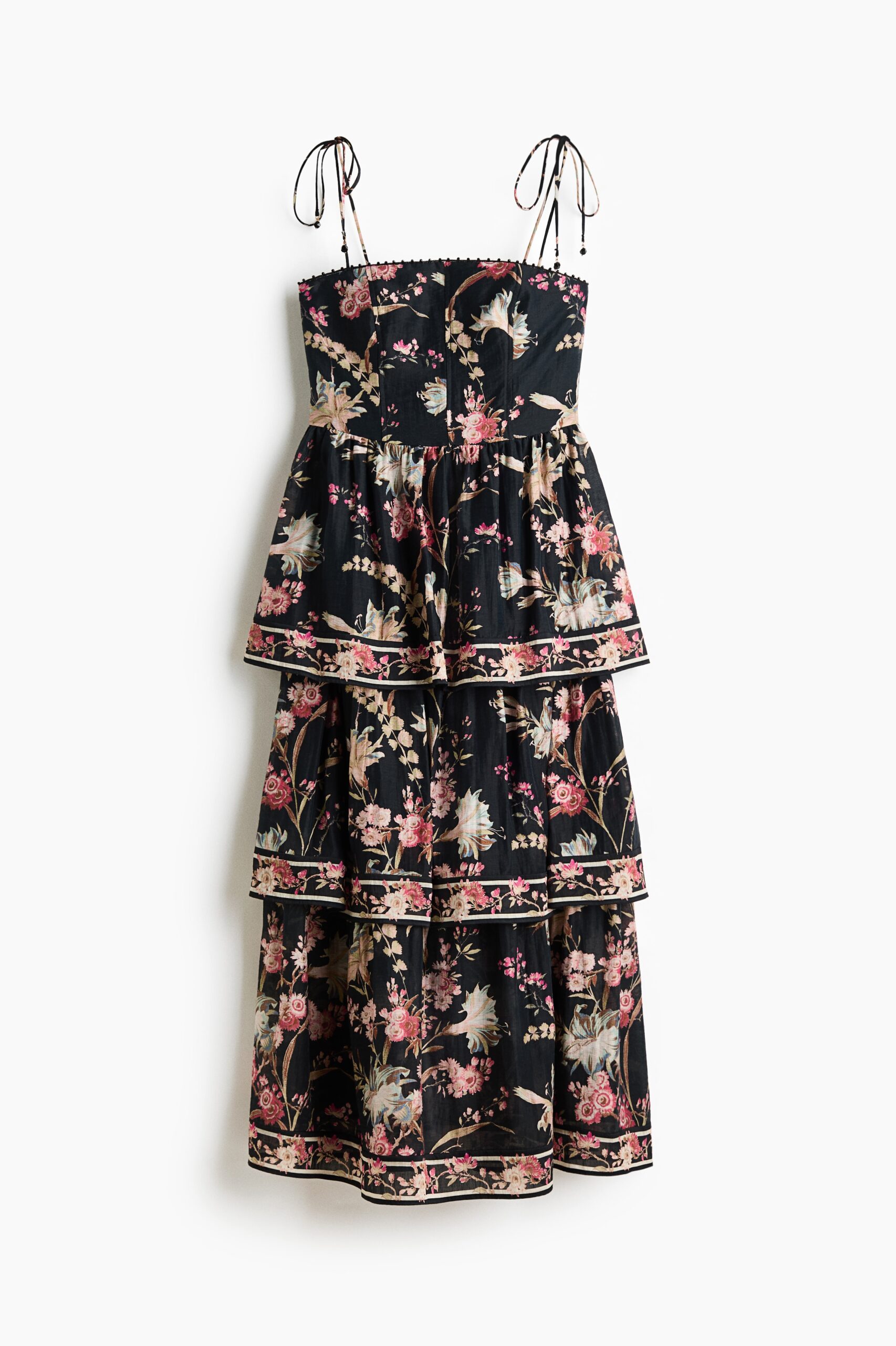 H & M - Volantjurk van linnenmix - Zwart/Bloemen