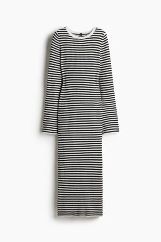 H & M - Ribgebreide bodyconjurk - Roomwit/Gestreept