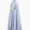 H & M - Halterjurk met ceintuur - Blauw/Gestreept