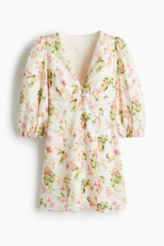 H & M - Jurk van linnenmix - Wit/Dessin