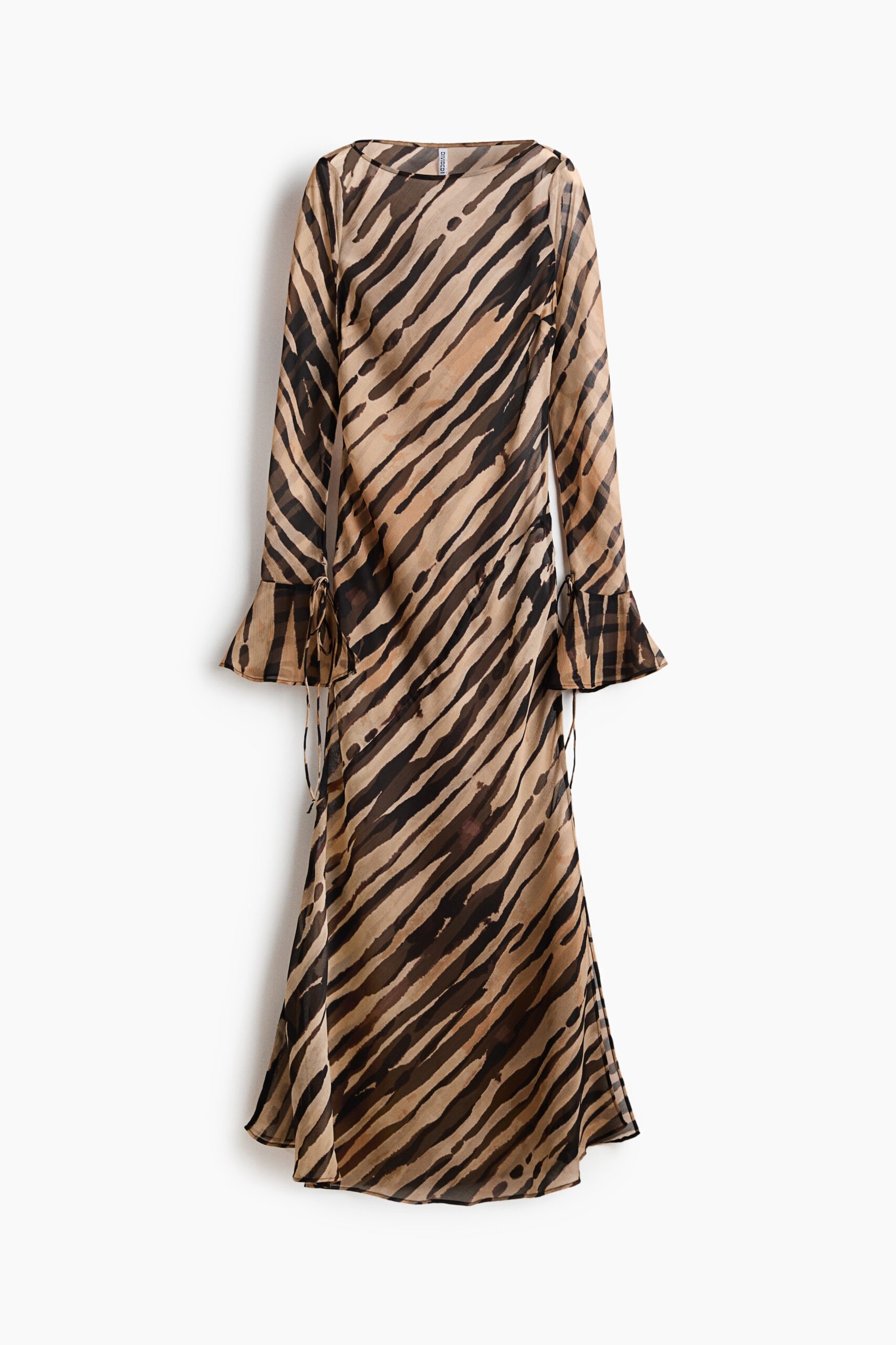 H & M - Chiffon jurk met strikbanden - Donkerbruin/Zebradessin