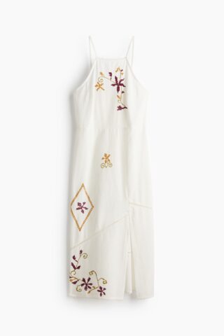 H & M - Geborduurde jurk van linnenmix - Roomwit/Bloemen