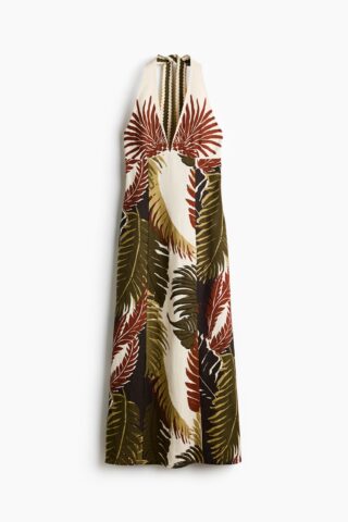 H & M - Linnen halterjurk - Wit/Palmbladeren