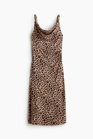 H & M - Tricot jurk met watervalhals - Beige/Luipaarddessin