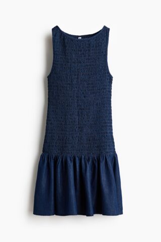 H & M - Denim jurk met smokwerk - Donker Denimblauw