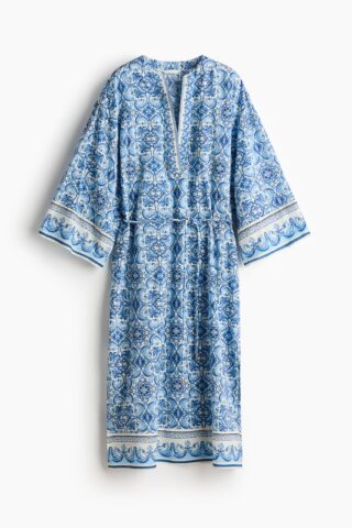 H & M - Tuniekjurk met strikceintuur - Blauw/Dessin