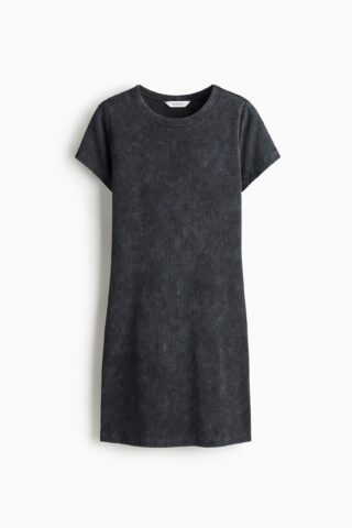 H & M - Geribde katoenen jurk - Donkergrijs/Washed Out