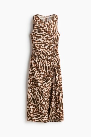 H & M - Satijnen jurk met drawstrings - Donkerbruin/Dessin
