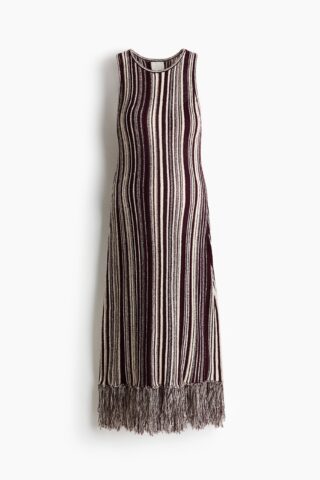 H & M - MAMA Gebreide jurk met franje - Bordeauxrood/Gestreept