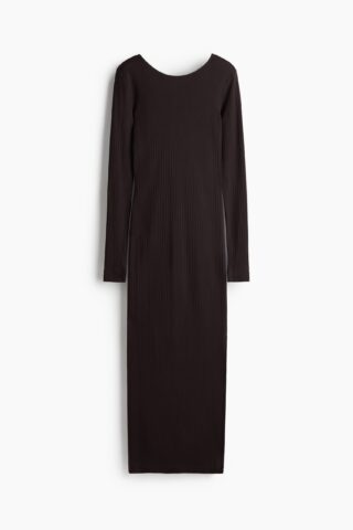 H & M - Geribde jurk met laag rugdecolleté - Donkerbruin