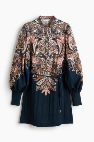 H & M - Jurk met strikceintuur - Donkerblauw/Paisleydessin