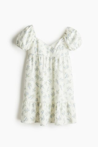 H & M - Jurk met pofmouwen - Roomwit/Bloemen