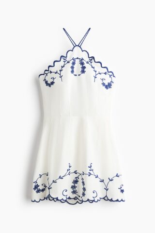 H & M - Embroidered linen-blend dress - Wit/Bloemen