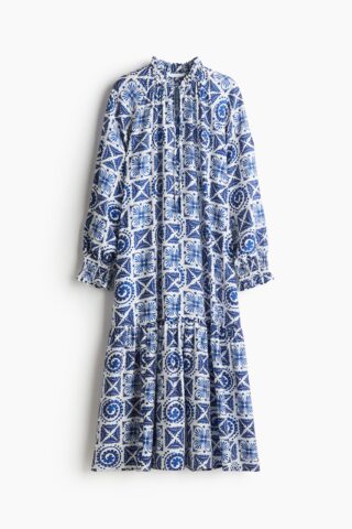 H & M - Jurk met volantkraagje - Wit/Blauw Dessin