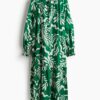 H & M - Jurk met volantkraagje - Groen/Roomwit Dessin