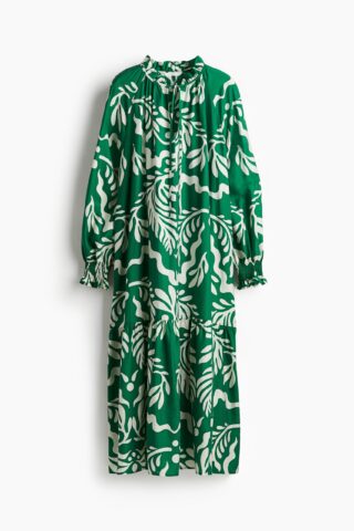 H & M - Jurk met volantkraagje - Groen/Roomwit Dessin
