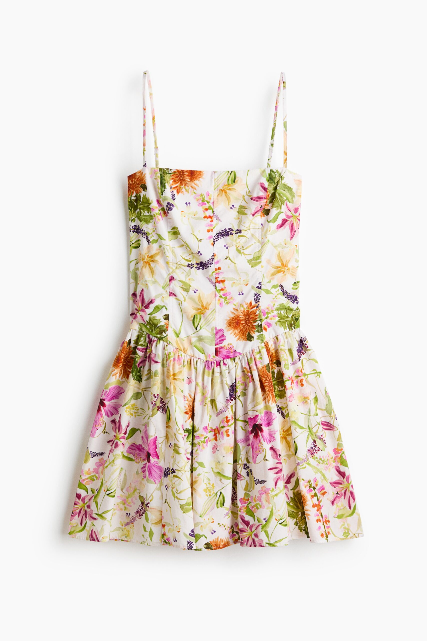 H & M - Strappy jurk van katoen met uitlopende rok - Wit/Bloemen