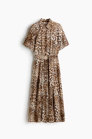 H & M - Overhemdjurk met strikceintuur - Lichtbeige/Luipaarddessin