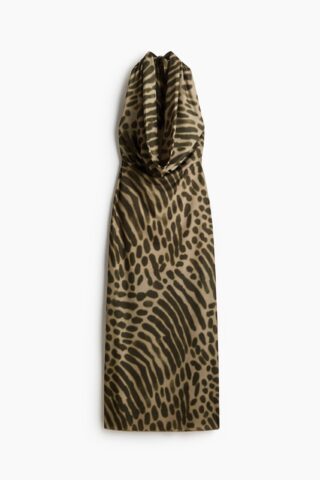 H & M - Maxi-jurk met watervalhals - Donker Kakigroen/Dierenprint