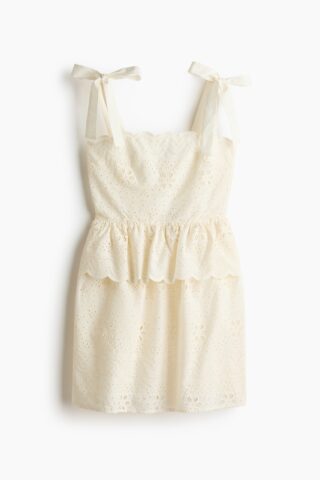 H & M - Jurk met strikbandjes en broderie anglaise - Roomwit
