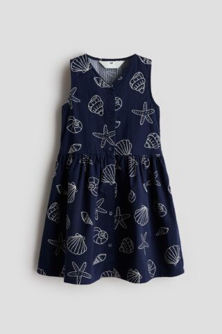 H & M - Jurk van seersucker met dessin - Donkerblauw/Schelpen