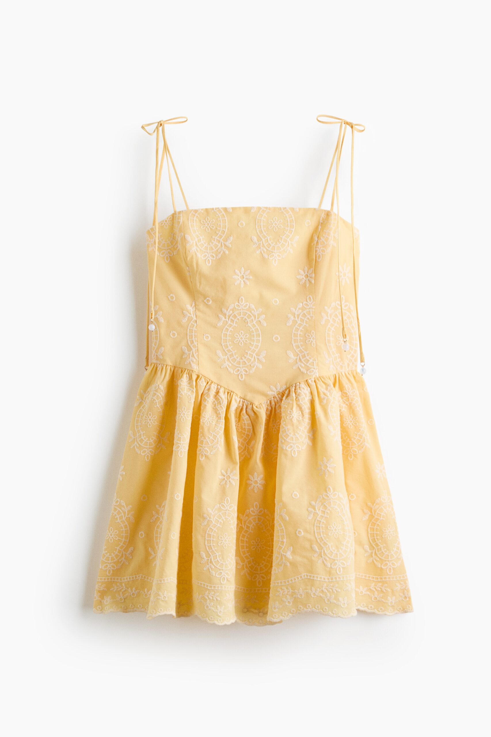 H & M - Jurk met borduursel en uitlopende rok - Geel