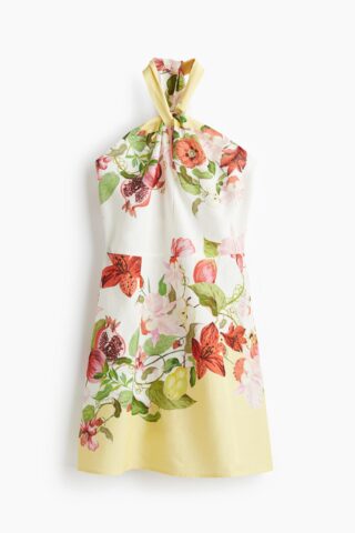 H & M - Halterjurk van linnenmix - Wit/Bloemen