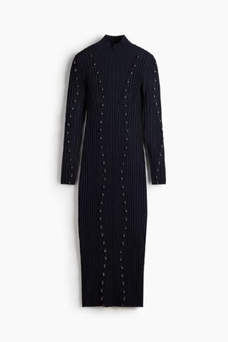 H & M - Ribgebreide jurk met kralen - Marineblauw