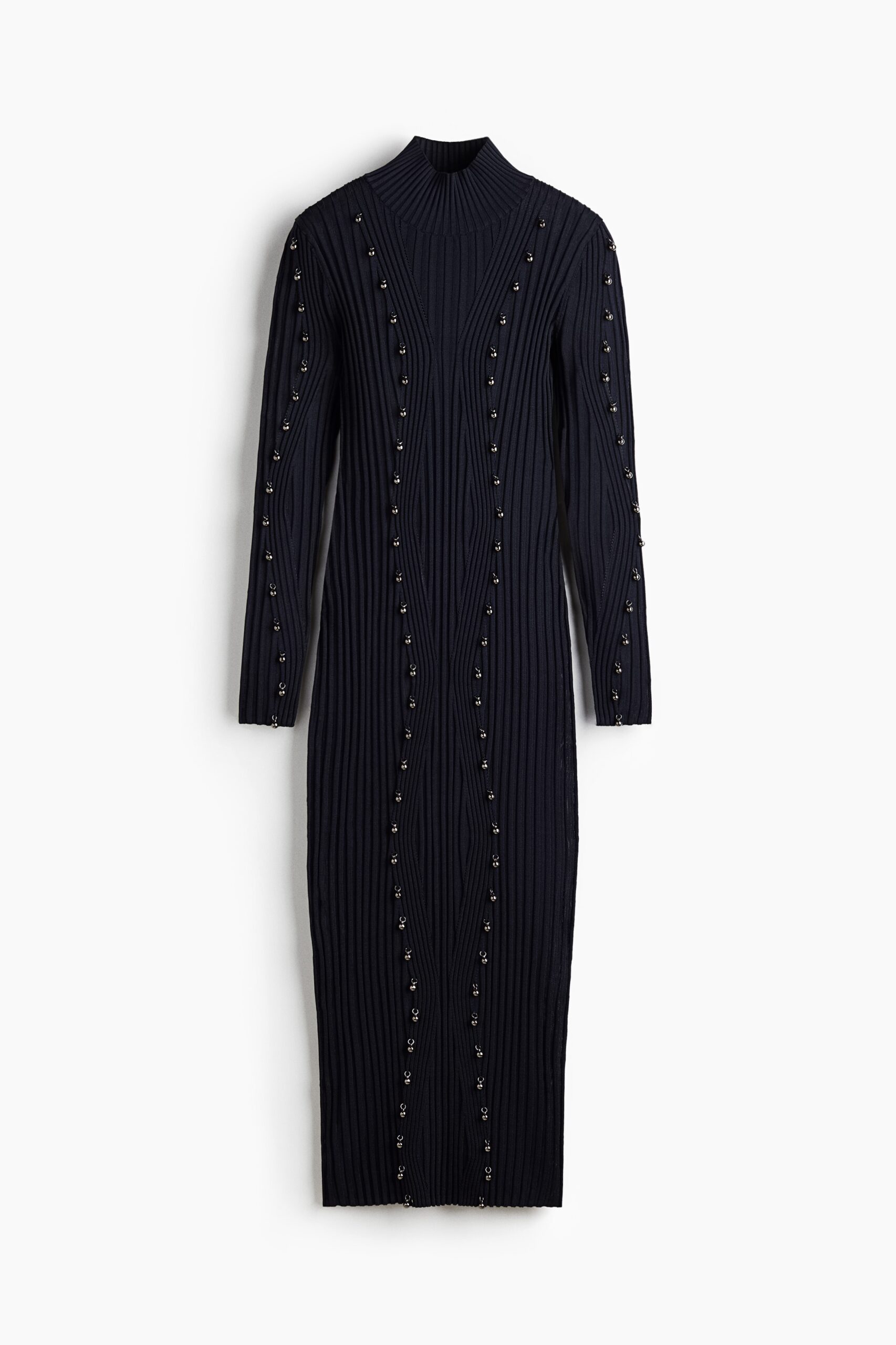 H & M - Ribgebreide jurk met kralen - Marineblauw
