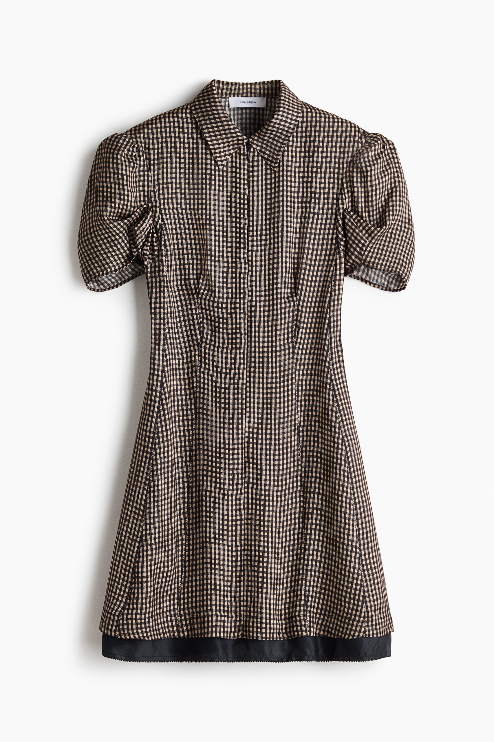 H & M - Jurk met pofmouwen - Zwart/Gingham-Ruit