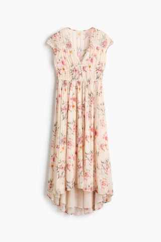 H & M - Ingerimpelde jurk met kapmouwtjes - Lichtbeige/Bloemen