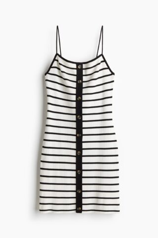 H & M - Ribgebreide jurk met knopen - Wit/Zwart Gestreept